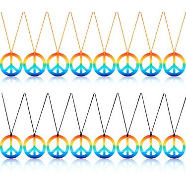 Imagem de meekoo Pacote com 16 colar de paz hippie símbolo da paz arco-íris colar pingente 60s 70s fantasia acessório tie dye conjunto para mulheres e homens suprimentos de festa