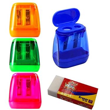 Imagem de Performore Pacote com 4 apontadores de lápis coloridos com 1 borracha grátis, apontadores coloridos compactos de dois furos com tampa, material de escritório escolar para crianças e estudantes