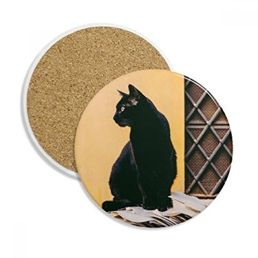 Imagem de Animal Cool Black Cat Fotografia Porta-copos Caneca de proteção de mesa Pedra absorvente