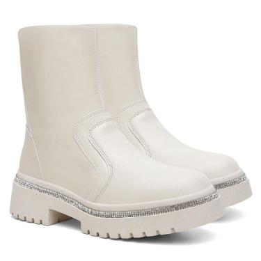 Imagem de Bota Coturno Feminino Tratotado Salto Baixo Cano Médio Lisa Brilho Tendência