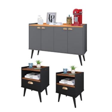 Imagem de Kit Casa Completa 2 Mesas Cabeceira Estilo Mesinhas Lateral Cama Aparador Buffet Kiev Cantinho Café Cozinha Sala Estar - RPM Móveis (Preto/Freijó | Cinza/Cinamomo)