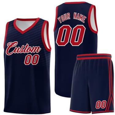 Imagem de Camiseta personalizada de basquete Jersey uniforme atlético hip hop impressão personalizada número de nome para homens jovens, Azul marinho e vermelho - 86, One Size