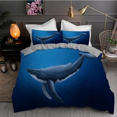 Imagem de Jogo de cama queen com baleia azul, animal, conjunto de 3 peças para decoração de quarto, capa de edredom de microfibra macia 222 x 233 cm e 2 fronhas, com fecho de zíper e laços