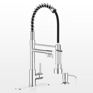 Imagem de Casavilla Torneira de cozinha com dispensador de sabão, torneira de cozinha com placa de deck e cabeça de pulverização de dupla função, torneira cromada para pia de cozinha de trailer, torneira de pia