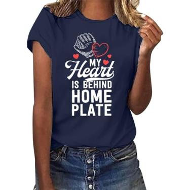 Imagem de Camiseta PKDong Baseball Mom My Heart is Behind Home Plate Letter Printed Shirts Manga Curta Gola Redonda Casual Verão Camisetas Tops, Azul marino, M