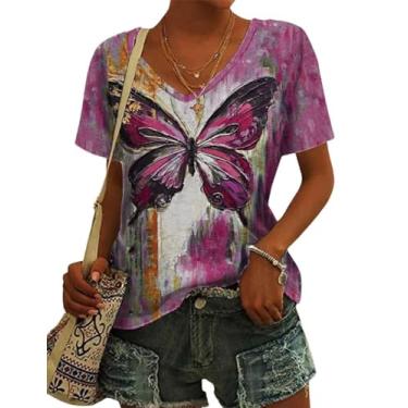 Imagem de Fronage Camiseta feminina de verão com estampa de borboleta, gola V, manga curta, fofa, casual, Rosa (Bu-pink), G