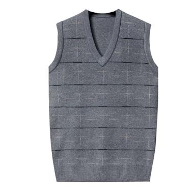 Imagem de Suéter masculino listrado gola V pulôver colete de malha grossa térmica macia colete, Cinza-claro, 3G