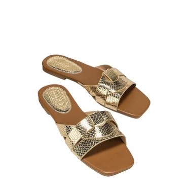 Imagem de Verdusa Sandálias femininas metálicas planas de bico quadrado, sem cadarço, sandálias de praia, Dourado, 40