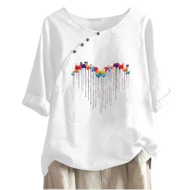 Imagem de Camiseta feminina de verão, meia manga, gola V, botão lateral, ajuste floral, estampada, casual, camiseta feminina média, Branco, M
