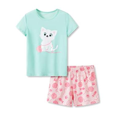 Imagem de Tebbis Pijama feminino de algodão confortável listrado verão short pijama tamanho 6-16, Gato verde e rosa, 4