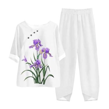 Imagem de Conjunto de camisa de conscientização de Alzheimers feminino, 2 peças, roupa de linho com estampa floral, gola redonda, conjunto casual roxo, Branco, Large