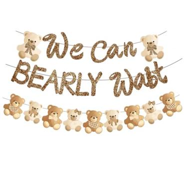 Imagem de Bearly Wait Banner Bear Baby Shower Party Supplies Bearly Wait Growth Decorações de chá de bebê marrom glitter cebolinha em pó bandeira brilhante para meninos meninas festa revelação de gênero