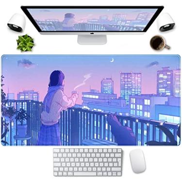 Imagem de Tapete de mesa Kawaii de anime roxo Mousepad gato fofo XGG grande para jogos japonês feminino estética tapete de mouse Tokyo Street Deskmat 80 x 40 cm, tapete de mesa para computador laptop teclado mouse pad