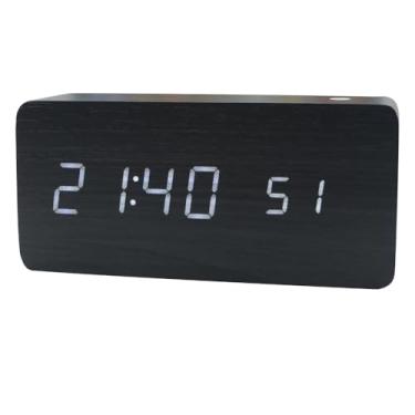 Imagem de Desperr digital de madeira com 8 níveis de brilho ajustável, relógio digital com LED, hora, data, tempeura, controle de som, modo de dia da semana/fim de semana para quarto, mesa de cabeceira, es
