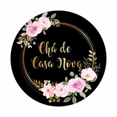 Imagem de Painel de Lona Redondo Chá de Casa Nova  Dourado e Preto Flores Aquare