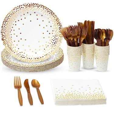 Imagem de Pratos de papel branco e dourado, 144 peças, guardanapos, copos, talheres para festas com bolinhas (serve 24)