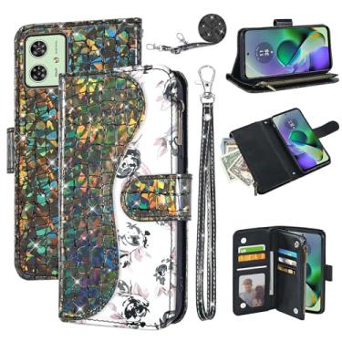 Imagem de Dibosom Capa carteira floral para Motorola Moto G54 5G com alça de pulso alça de ombro flip zíper bolsa porta-cartão, suporte de couro PU de luxo brilhante brilhante brilhante capa de celular para G