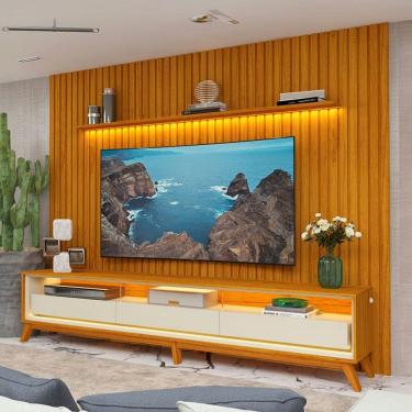 Imagem de Rack com Painel para TV Até 85 Polegadas Nobre 3 Gavetas Ripado com Led 100% Mdf Naturalle/Off White - Gelius