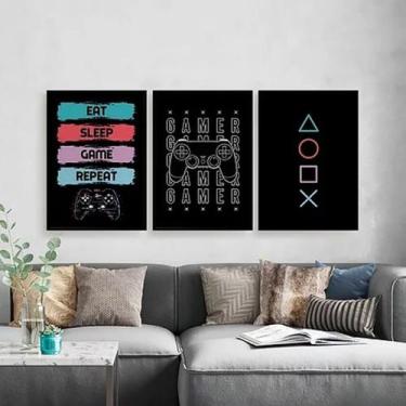 Imagem de Kit 3 Quadros Eat Sleep Game Repeat 33x24cm - com vidro - Quadros On-l