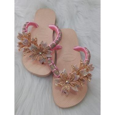 Imagem de chinelo havaianas personalizado com meia casa  e flor de feutro, Rosa 