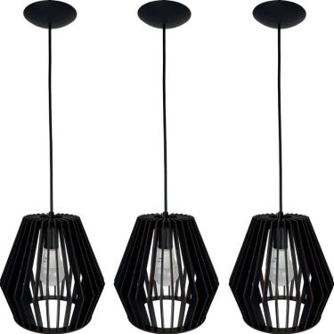 Imagem de Luminaria Pendente Teto Marroquino Kit 3 Mdf Cor Preto
