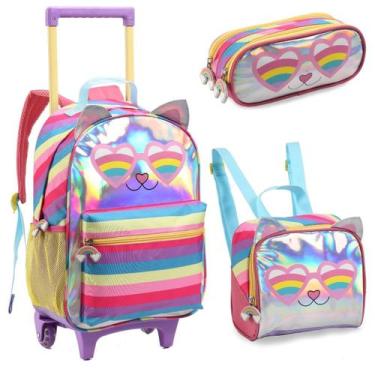 Imagem de Kit Mochila Escolar Com Rodinhas Lancheira e Estojo Menina Gatinha Den