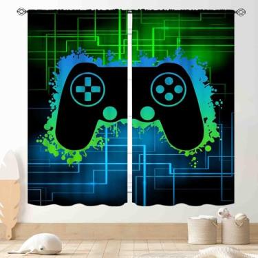 Imagem de Cortinas de jogos para quarto de meninos, controle de videogame, controle de videogame, azul, verde, colorido, tratamentos para quarto, sala de jogos, berçário, 2 painéis, 107 x 114 cm
