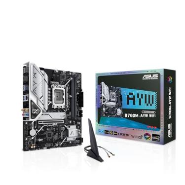 Imagem de ASUS B760M-AYW WiFi, uma placa-mãe Intel® B760 LGA 1700 mATX com PCIe 4.0, dois slots PCIe 4.0 M.2, DDR5, Realtek 2.5Gb Ethernet, WiFi 6, HDMI™, SATA 6 Gbps, USB frontal 3.2 Gen 1, Aura Sync