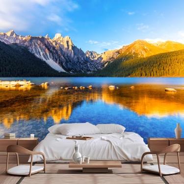 Imagem de Lcythiazole Murais de parede personalizados para tirar e colar papel de parede mural fotografia paisagem pôr do sol lago e montanha de neve mural de papel de parede para sala de estar, quarto