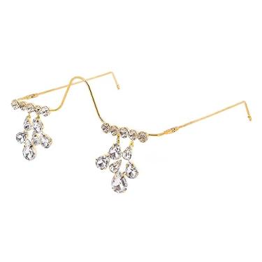Imagem de Naimo Sem lente decoração diamante meia armação de óculos retrô cristal metal armação V óculos sem lente, Gota de cristal dourada, One Size
