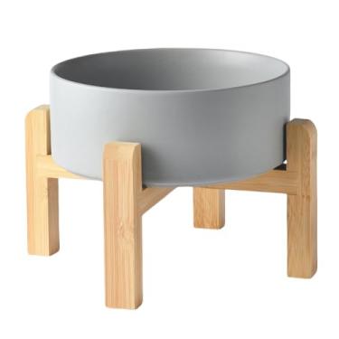 Imagem de Welloyed Tigela elevada de cerâmica para cães de 20 cm – Tigela de comida e água para cães de 1,984 g com suporte de bambu antiderrapante elevado, seguro para lava-louças e micro-ondas, tigela