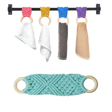 Imagem de 2 peças anel de suporte de toalha de macramê | Clipes de toalha de cozinha para alça de forno | Suporte de toalha de crochê | Anéis de suporte de toalha de crochê para pendurar toalhas de cozinha