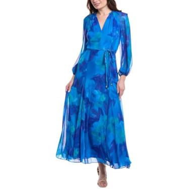 Imagem de Taylor Dresses Vestido maxi feminino de manga comprida com decote em V e estampa floral com cinto trançado, Azul cobalto, 46
