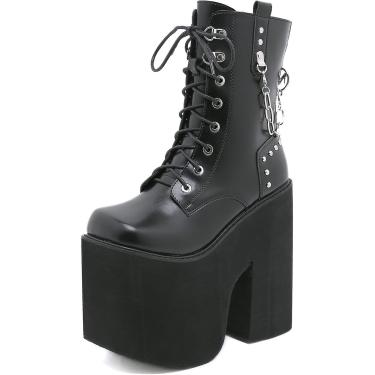 Imagem de Botas de tornozelo feminino Plataforma plataforma de salto grossa Lacado de calcanhar zip boot de bota de boot de botas militares BOTA MILITAR BOTA