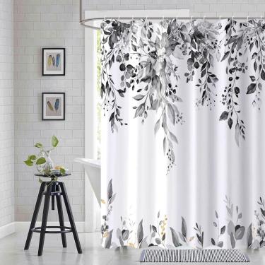 Imagem de Cortina de chuveiro Caheansi em preto e branco com folhas de eucalipto