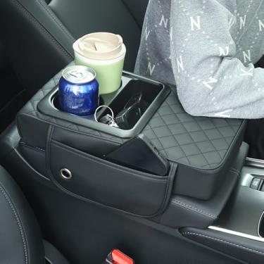 Imagem de JDM Middli Organizador universal de almofada de apoio de braço para carro - almofada central de couro PU para console com suporte de copo, armazenamento de telefone e bolsos laterais, capa de apoio de