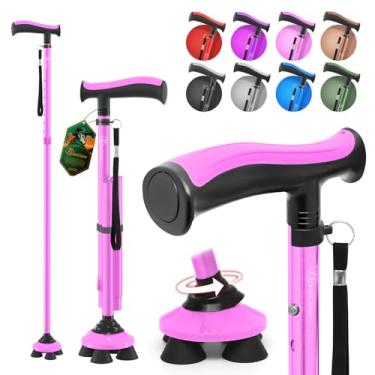 Imagem de BeneCane Bengala para homens e mulheres Bengalas para idosos Canas dobráveis Quad Cane ajustável, leve, resistente, em pé, dobrável, resistente, com alça em T macia e bolsa de viagem (rosa)