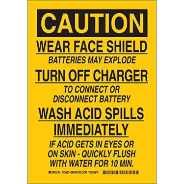 Imagem de Brady 126077 Placa de perigo químico, legenda "Wear Face Shield Batteries May Explode Turn Off Charger to Connect", 35,5 cm de altura, 25,4 cm de largura, preto em amarelo