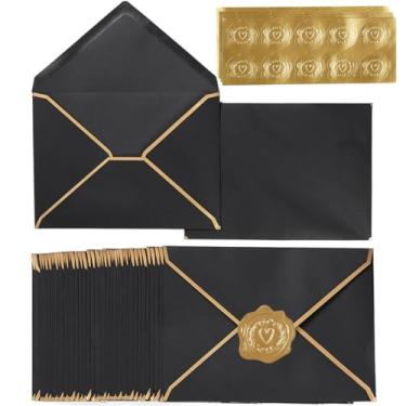 Imagem de Pacote com 100 envelopes A7 5 x 7 envelopes de cartão envelope com aba em V com borda dourada para escritório, cartões de presente de casamento, convites, formatura, chá de bebê, festas (13 x 18 cm, preto)