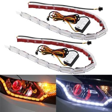 Imagem de AUTOXBERT Faixa de luz de corrida diurna para carro, 2 unidades de fitas de LED DRL de cristal flexível sequencial, fita de LED de farol de 43 cm de cor dupla (branco e âmbar)