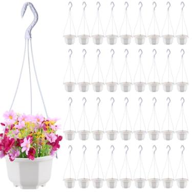 Imagem de Roshtia 24 peças de vaso de plástico para pendurar com gancho, vasos de flores, cestos, suporte para berçário para jardim de plantas internas ao ar livre (branco cerâmico, 12 cm)