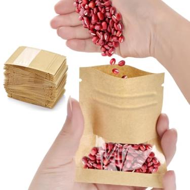 Imagem de 100 envelopes pequenos de sementes resseláveis, mini sacos kraft com fecho de zíper com janela, sacos de amostra de café de 8,88 cm x 14 cm, sacos ziplock resseláveis, pequenas empresas para sacos de