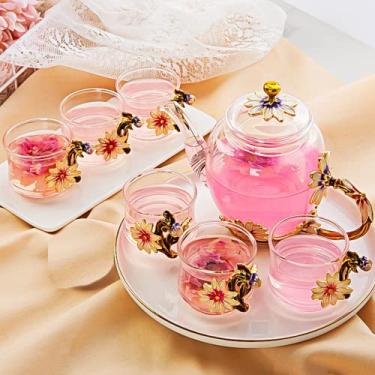 Imagem de Xixi Home Conjunto De Chá Vidro Xixi-Home, Bule Crisântemo, Flores E Xícaras, 7 Peças, Chaleira Transparente Espessada, Café Da Moda Feminina, Presente Dia Das Mães - Caixa Requintada