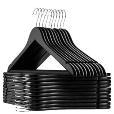 Imagem de 【Cozena】 Kit 10 Cabides de Madeira Preto Premium – Elegância, Resistência e Organização - Gancho metálico resistente e giratório - Evita marcas, vincos e deformações