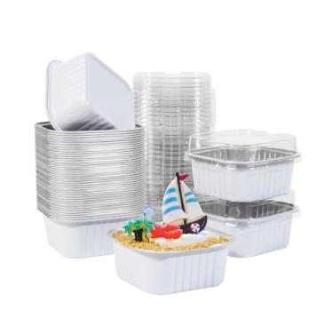 Imagem de 50 peças de mini copos quadrados para assar com tampas, mini formas de bolo de folha de alumínio de 293 ml com tampas, formas de bolo de ramequins descartáveis, copos de sobremesa de 300 ml, formas de
