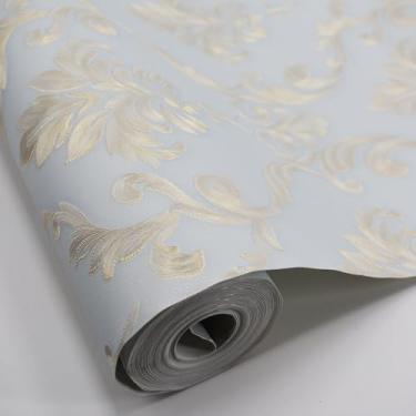Imagem de Q QIHANG Papel de parede não tecido 3D europeu Damasco papel de parede quente sala de casamento quarto sala de estar fundo de TV papel de parede não colado 1,73' L x 82,8' C (azul claro)