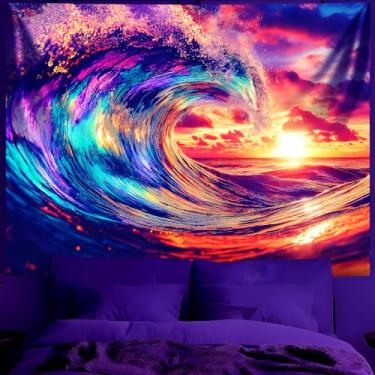 Imagem de BVBOX Tapeçaria de Luz Negra Fantasia Aurora Tapeçarias UV Reactive Creek Arte de Parede Pendurada Paisagem Neon Pôster de Festa Brilhante no Escuro para Quarto, Sala de Estar (Ondas e Pôr do Sol, 200