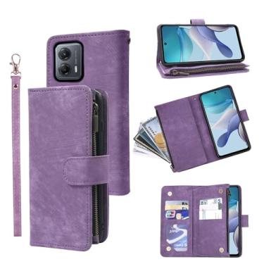 Imagem de Dibosom Capa carteira para Motorola Moto G53 5G com cordão de pulso e couro vintage premium flip porta-cartão de crédito acessórios capa de celular para G 53 53G mulheres homens roxo