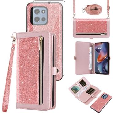 Imagem de Asuwish Capa de celular para Motorola Moto G 5G 2025 com zíper carteira destacável com protetor de tela transversal alça de cordão brilhante flip porta-cartão slot G5G 5 G G5 mulheres homens meninas