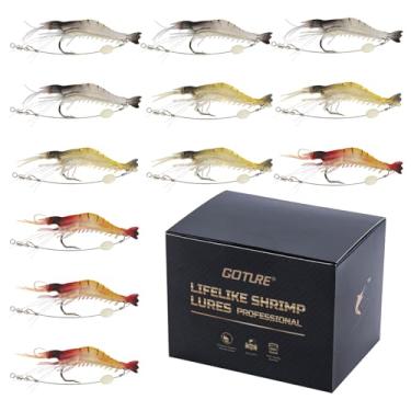 Imagem de Goture Iscas macias de camarão, conjunto de iscas luminosas de camarão, 12 peças, com gancho afiado para água doce, água salgada, truta, robalo, salmão, peixe, walleye pike poleiro